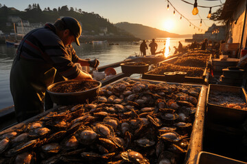 Oceanic Morning Bazaar. Bustling Shellfish Market in Galicia, Spain at Dawn. Fishing Culture AI Generative.
