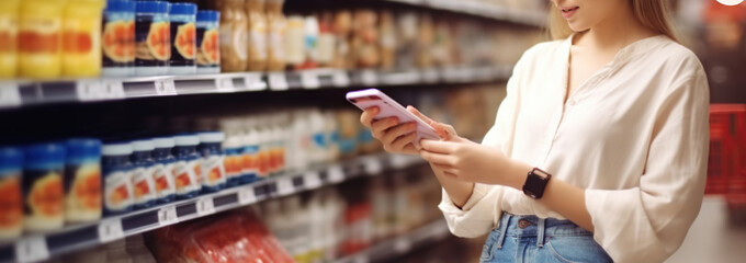 Side view of caucasian woman scans qr code of product using smartphone. Shelves with food in background. Copy space and mock up, Generative AI
