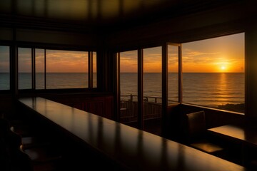 The Sun Is Setting Over The Ocean From A Restaurant