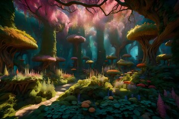 mysterious forest surrounding colored trees AI GENERATIVE