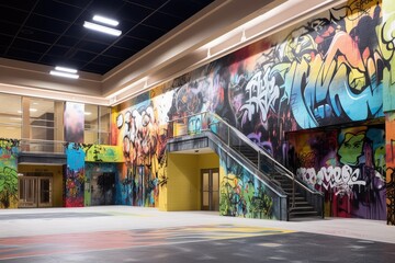 graffiti-covered walls of a once busy mall, created with generative ai
