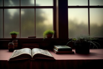 An Open Book Sitting On Top Of A Table Next To A Window