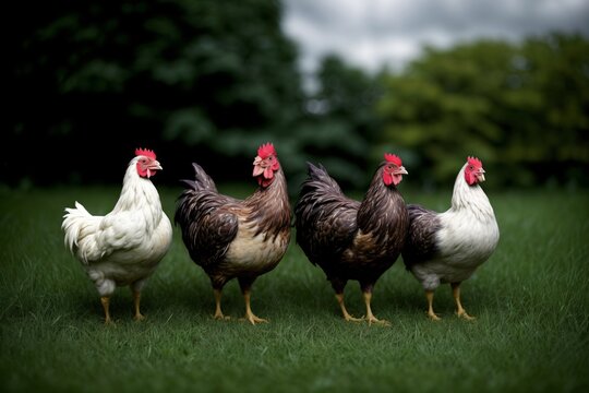 A Group Of Chickens Standing On Top Of A Lush Green Field
