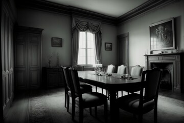 A Black And White Photo Of A Dining Room