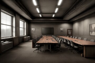 A Conference Room With A Long Table And Chairs