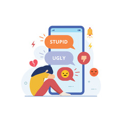 Cyber bullying message in chat. Cyber bully in social media side effect vector illustration