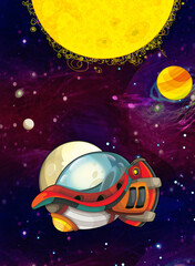 Cartoon funny colorful scene of cosmos galactic alien ufo space craft ship isolated illustration for children