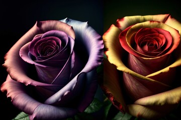 A Close Up Of Two Different Colored Roses