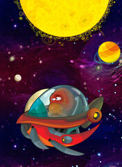 Cartoon funny colorful scene of cosmos galactic alien ufo space craft ship isolated illustration for children