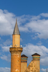  Erzurum Ulu Mosque , Double Minaret Madrasa and cupola and blue sky with text in the background .
