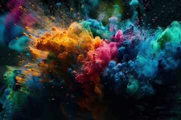 Fototapeta premium Swirling colorful dust particles suspended in water, created with Generative AI