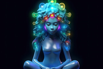 Portrait of young beautiful woman practicing yoga meditation with spiritual brain waves, flowing hair, chakra, psychedelic, created with Generative AI
