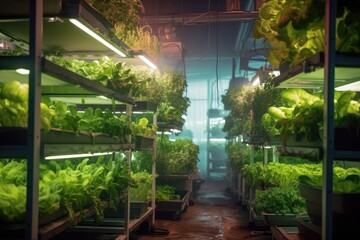 hydroponic farm with led grow lights and mist system, created with generative ai