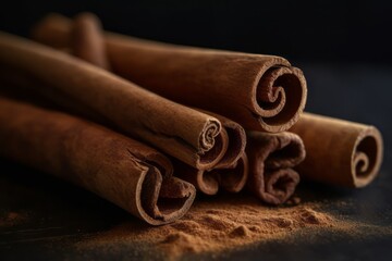 Cinnamon sticks isolated on black background. Generative AI - obrazy, fototapety, plakaty