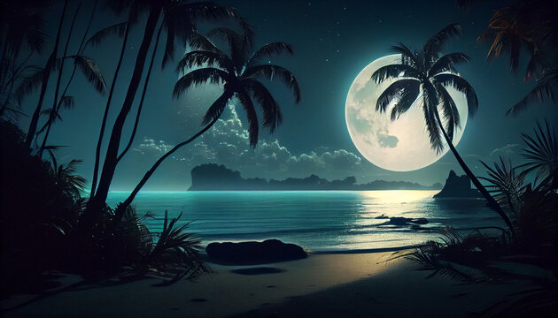Breathtaking view of beautiful beach coast with palm trees at night. Moon light glowing. Silhouette of tropical island. Summer nature outdoor background Ai generated image