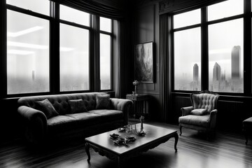 A Black And White Photo Of A Living Room