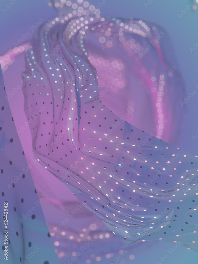 Poster Bright background with neon gradient and flying rings of translucent fabric. 3d rendering digital illustration