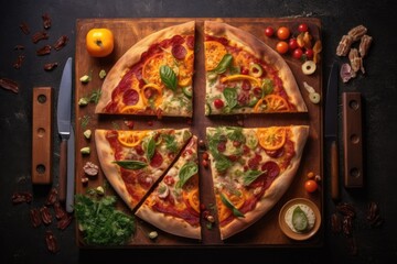 overhead shot of pizza with a single slice removed, created with generative ai