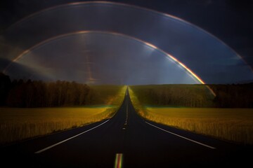 A Long Straight Road With Two Rainbows In The Sky