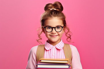cute girl ready to back to school on pink background, generative ai