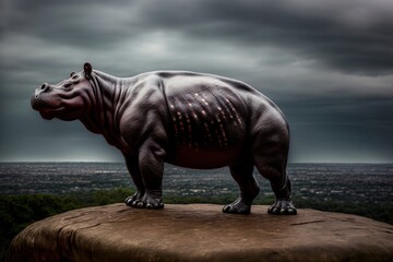 Fototapeta premium A Statue Of A Hippopotamus Standing On Top Of A Rock