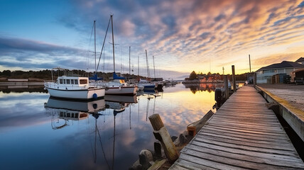 Fototapeta na wymiar Wide angle of wooden pier with moored boats in harbor against cloudy blue sundown sky in evening. Generative AI