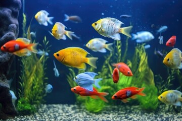 Naklejka premium school of tropical fish swimming in tranquil aquarium, created with generative ai