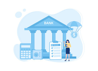 Bank building with calculator and safe concept flat illustration