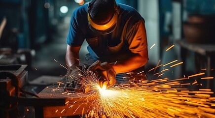Worker using an angle grinder and proyecting sparks. Generative AI - obrazy, fototapety, plakaty
