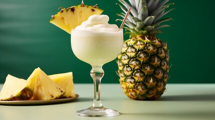 A traditional Caribbean pina colada cocktail in a glass, garnished with a slice of pineapple - obrazy, fototapety, plakaty