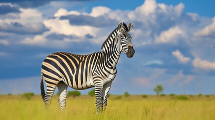 Zebra with blue storm sky. Wild animal on the green meadow. Wildlife nature. Generative AI