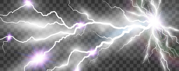 Vector image of realistic lightning. Flash of thunder on a transparent background.	
