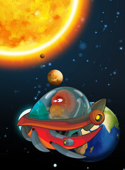 Cartoon funny colorful scene of cosmos galactic alien ufo space craft ship isolated illustration for children