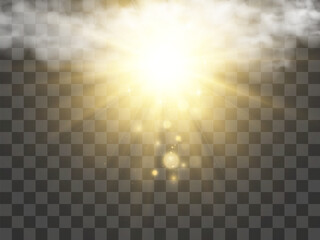 Vector illustration of the sun shining through the clouds. Sunlight. Cloudy vector.	

