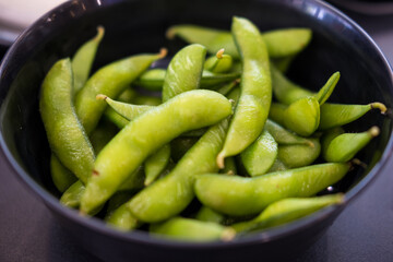 Fresh edamame ready to eat. Delicious edamames. Vegetarian and vegan food. Vegan protein