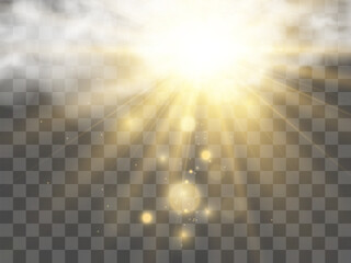 Vector illustration of the sun shining through the clouds. Sunlight. Cloudy vector.	

