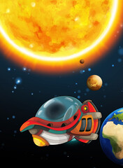 Cartoon funny colorful scene of cosmos galactic alien ufo space craft ship isolated illustration for children