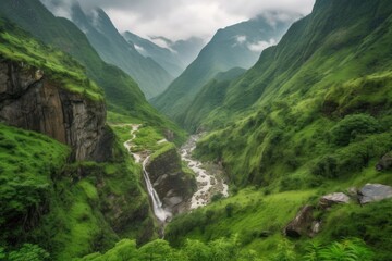 majestic mountain range, with cascading waterfalls and lush greenery, created with generative ai