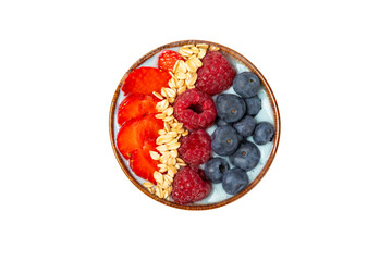 Bowl of granola with yogurt and fresh almonds, blueberries, raspberries,peach and strawberries isolated on white background. Healthy food. balanced breakfast.