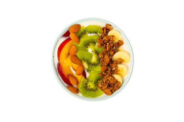 Bowl of granola with yogurt and fresh almonds, blueberries, raspberries,peach and strawberries isolated on white background. Healthy food. balanced breakfast.