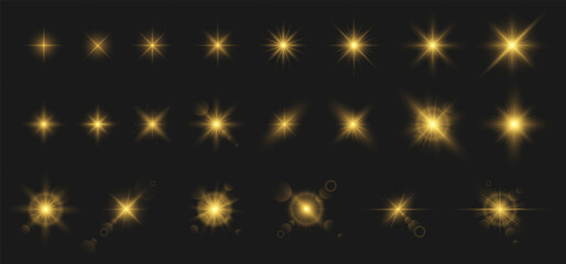 Collection of glowing light effect with sparkles, camera lens flare, fire spark, sun flash and glitter star on black background. Sunlight ray burst or motion spotlight glow for christmas party design.
