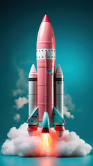 Pink toy rocket on a plain turquoise background. The shuttle takes off, releasing clouds of volumetric smoke. Vertical spread. Concept of growth, breakthrough, beginning of learning. AI generation