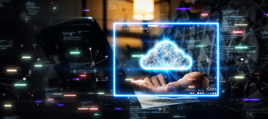 Man using computer to upload data to secure and privacy protected storage on cloud technology or edge computing. Artificial intelligence innovation helps system development on a dark background.