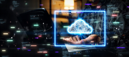 Man using computer to upload data to secure and privacy protected storage on cloud technology or...