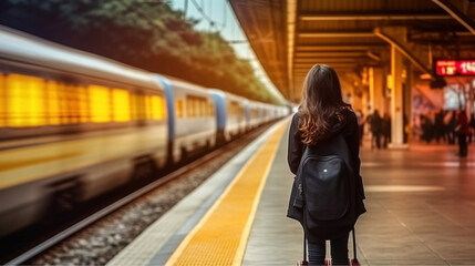 Woman Anticipates Journey at Railway Station Platform. Generative AI