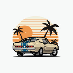 American Muscle Car in Beach Vector Illustration. Car Isolated in White Background. Best for Tshirt Design Template