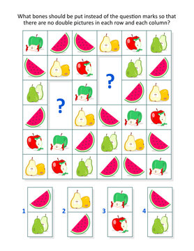 Picture domino sudoku logic puzzle with apples, pears, watermelon slices
