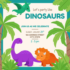 Fototapeta na wymiar Dinosaurs Themed Party Invitation Card Vector Illustration