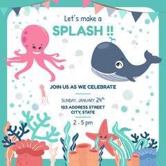 Ocean Animals Themed Party Invitation Card Vector Illustration