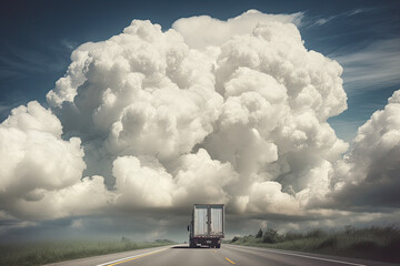 Illustration of  a truck traveling on a route with a coldly sky.. Generative Ai.
